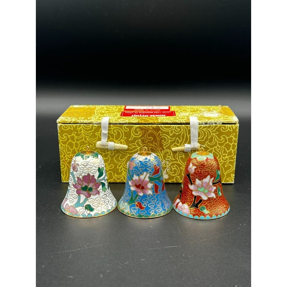 Lillian Vernon Cloisonne Enamel Bell Ornament 2" - Set Of 3 #3807 White Blue Red